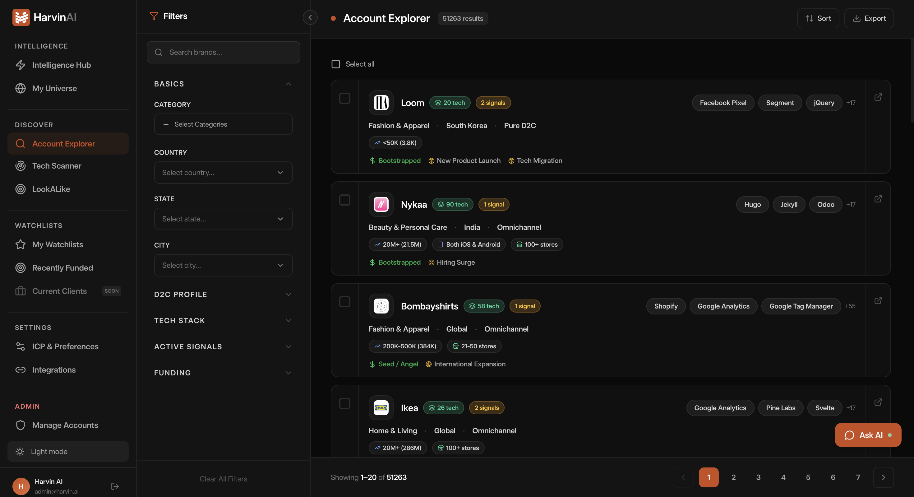 HarvinAI Account Explorer — filter and discover D2C brands