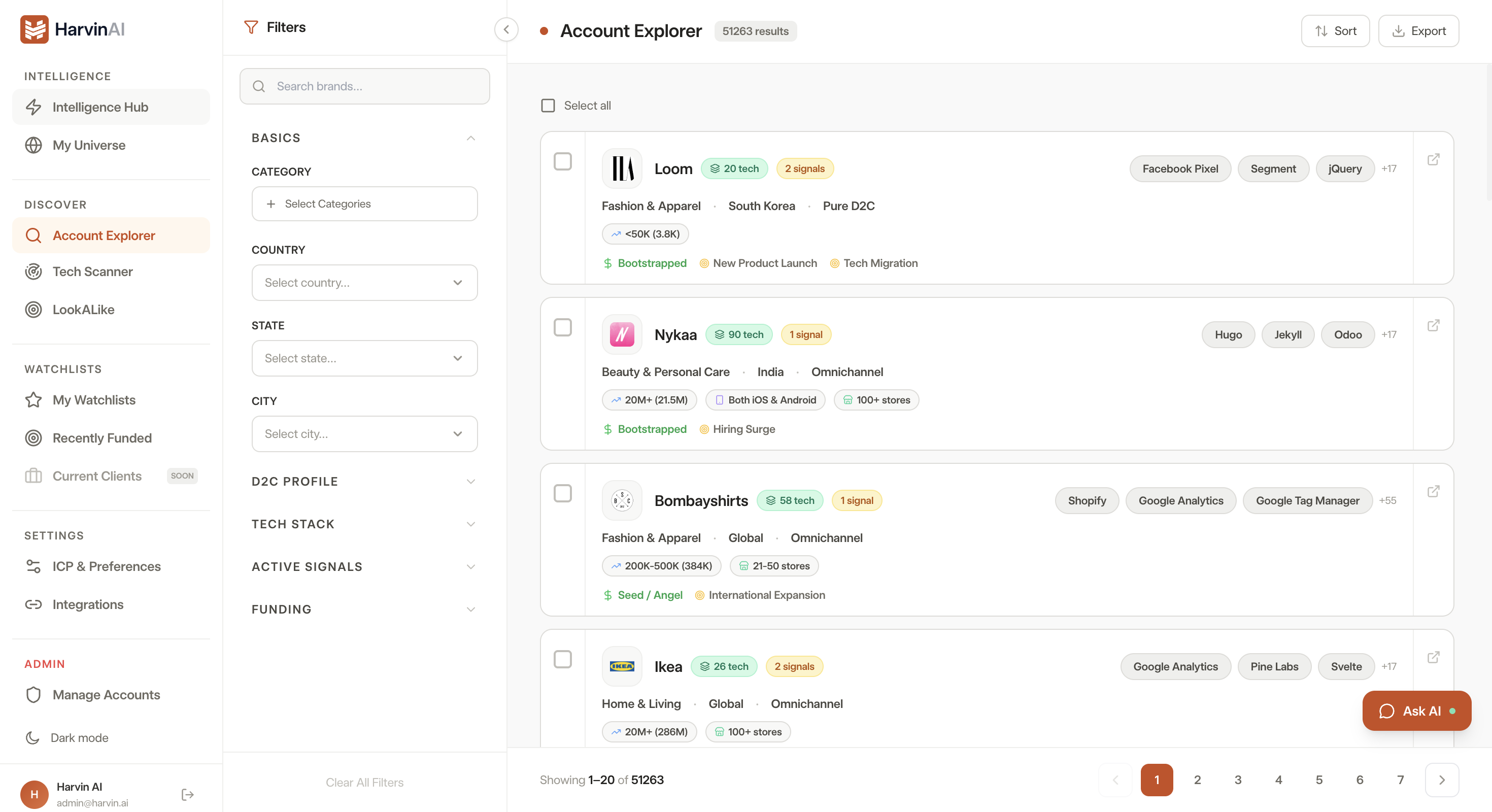 HarvinAI Account Explorer — filter and discover D2C brands